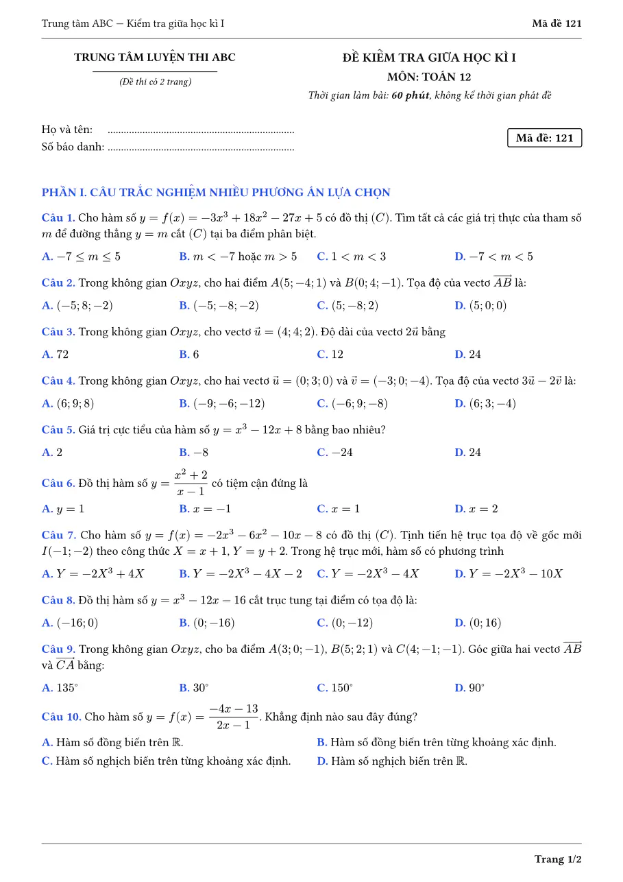 Trang đầu tờ đề PDF Đề kiểm tra giữa học kì I, Toán 12: kiểu cổ điển, font Libertinus