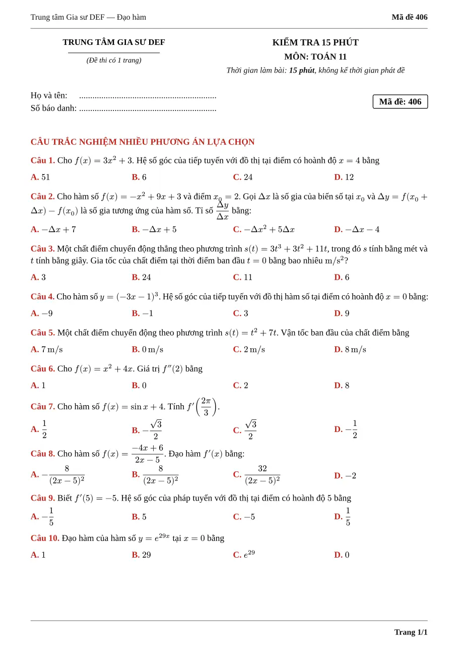 Trang đầu tờ đề PDF Kiểm tra 15 phút, Toán 11: kiểu màu riêng, font Times
