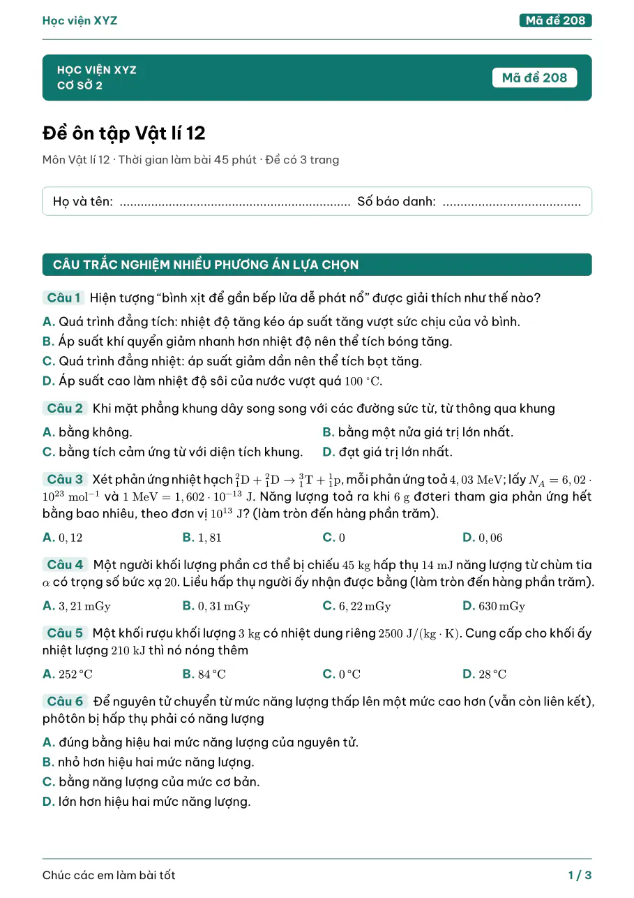 Trang đầu tờ đề PDF Đề ôn tập Vật lí 12, Vật lí 12: kiểu hiện đại, font Be Vietnam Pro