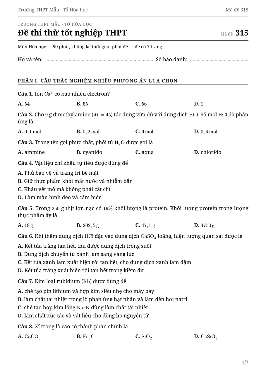Trang đầu tờ đề PDF Đề thi thử tốt nghiệp THPT, Hóa học: kiểu tối giản, font Noto Serif